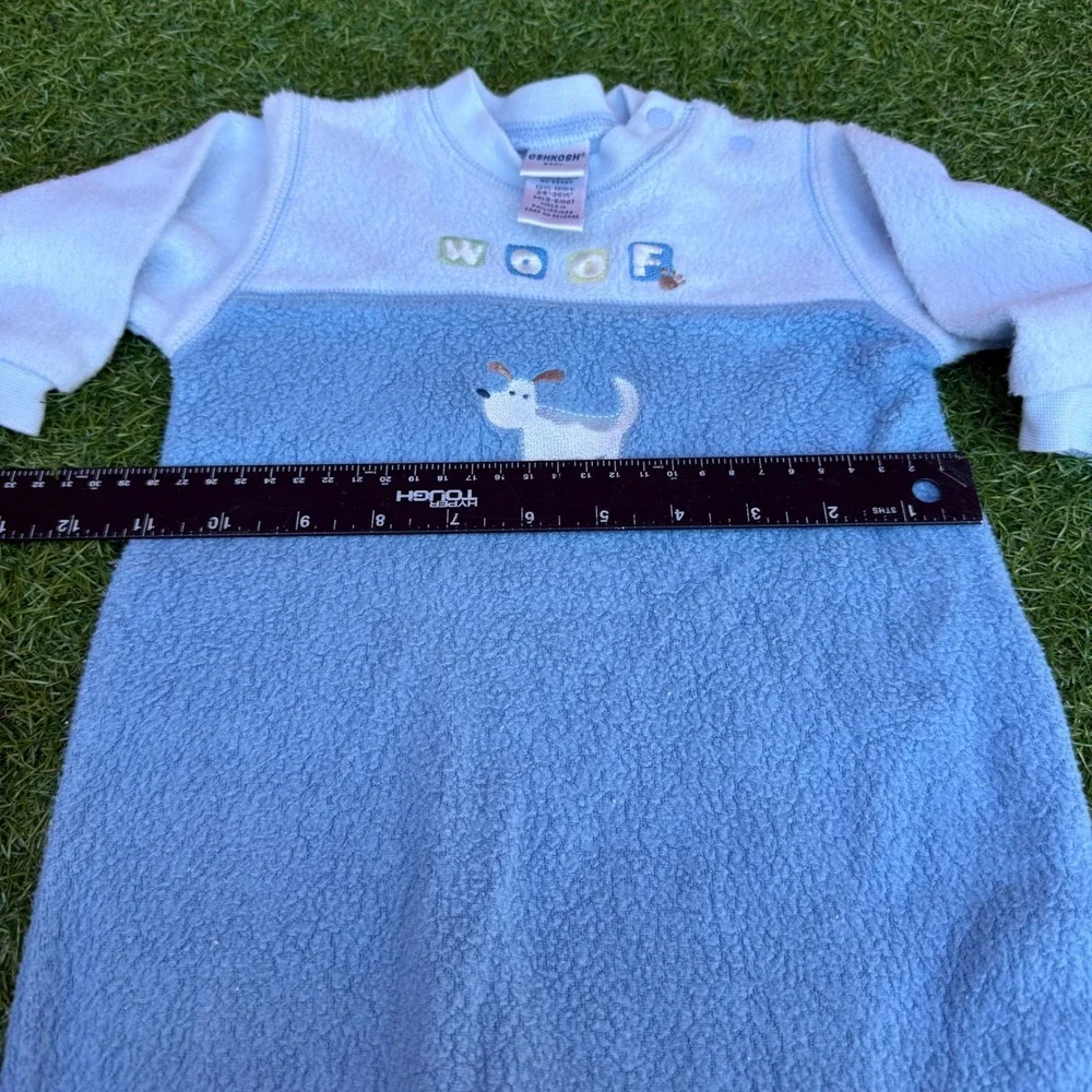Vtg OshKosh Baby Boy Blue Fleece Dog Woof Sleepsuit Romper 3-6‎ Months 12-16 lbs